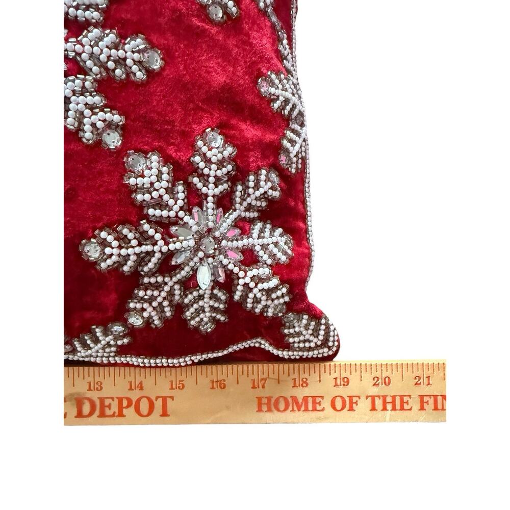 34th & Pine Red Velour Christmas Throw Pillow Crystal Beaded Snowflake 19” Zip - Picture 7 of 14